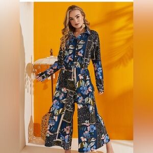 Floral Print Jumpsuit - Black and Blue